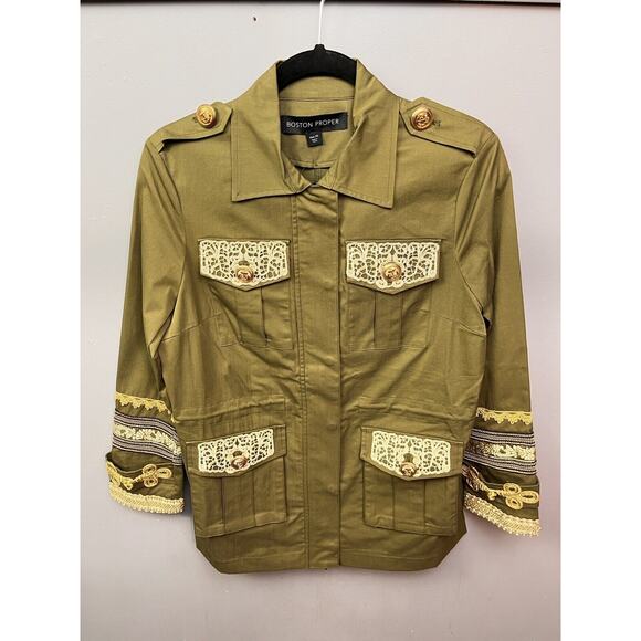 Boston Proper‎ Military Style Embroidered Olive Green Gold Coat Womens XS Button - Picture 1 of 9